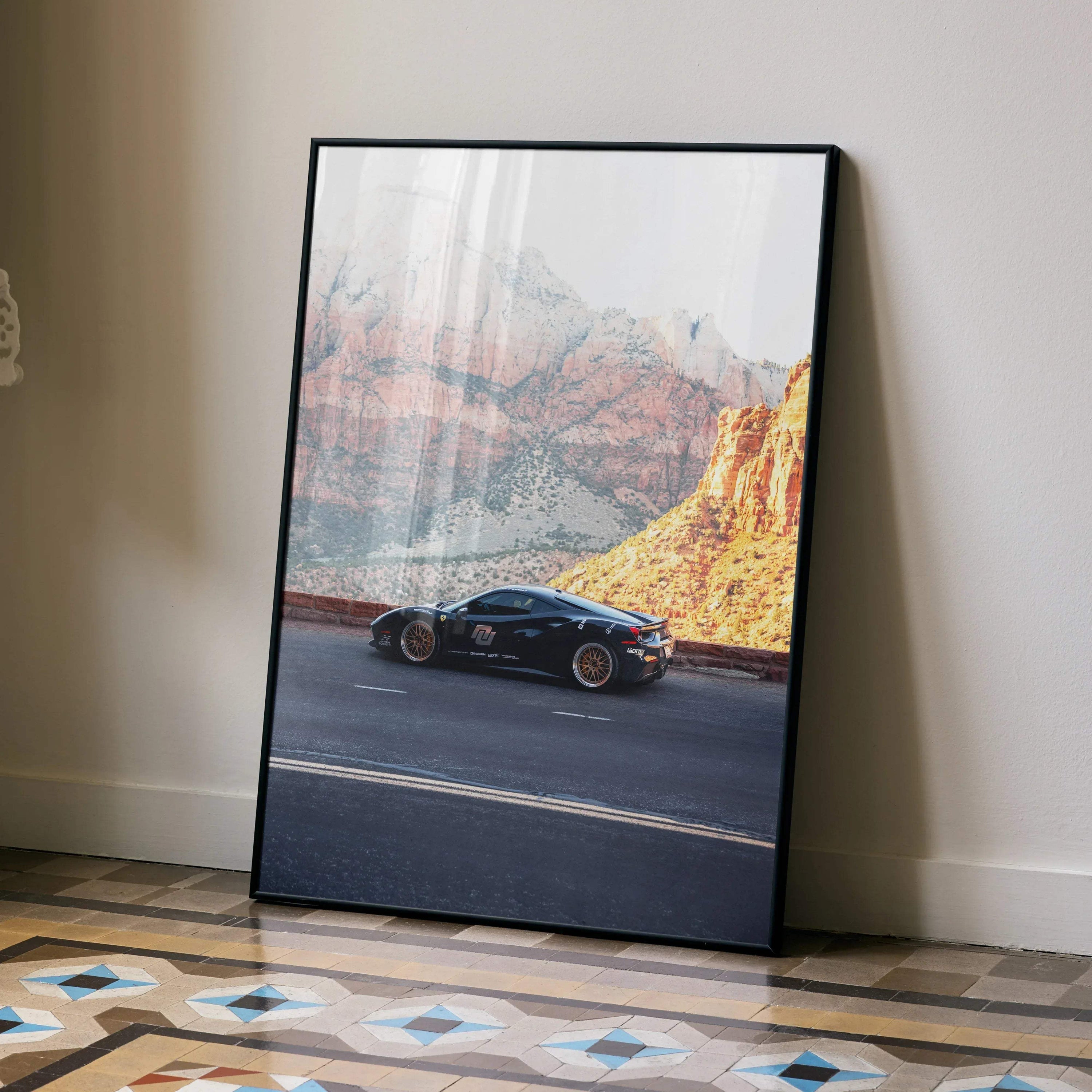 Ferrari 488 GTB supercar poster with desert canyon background wall art in black frame.