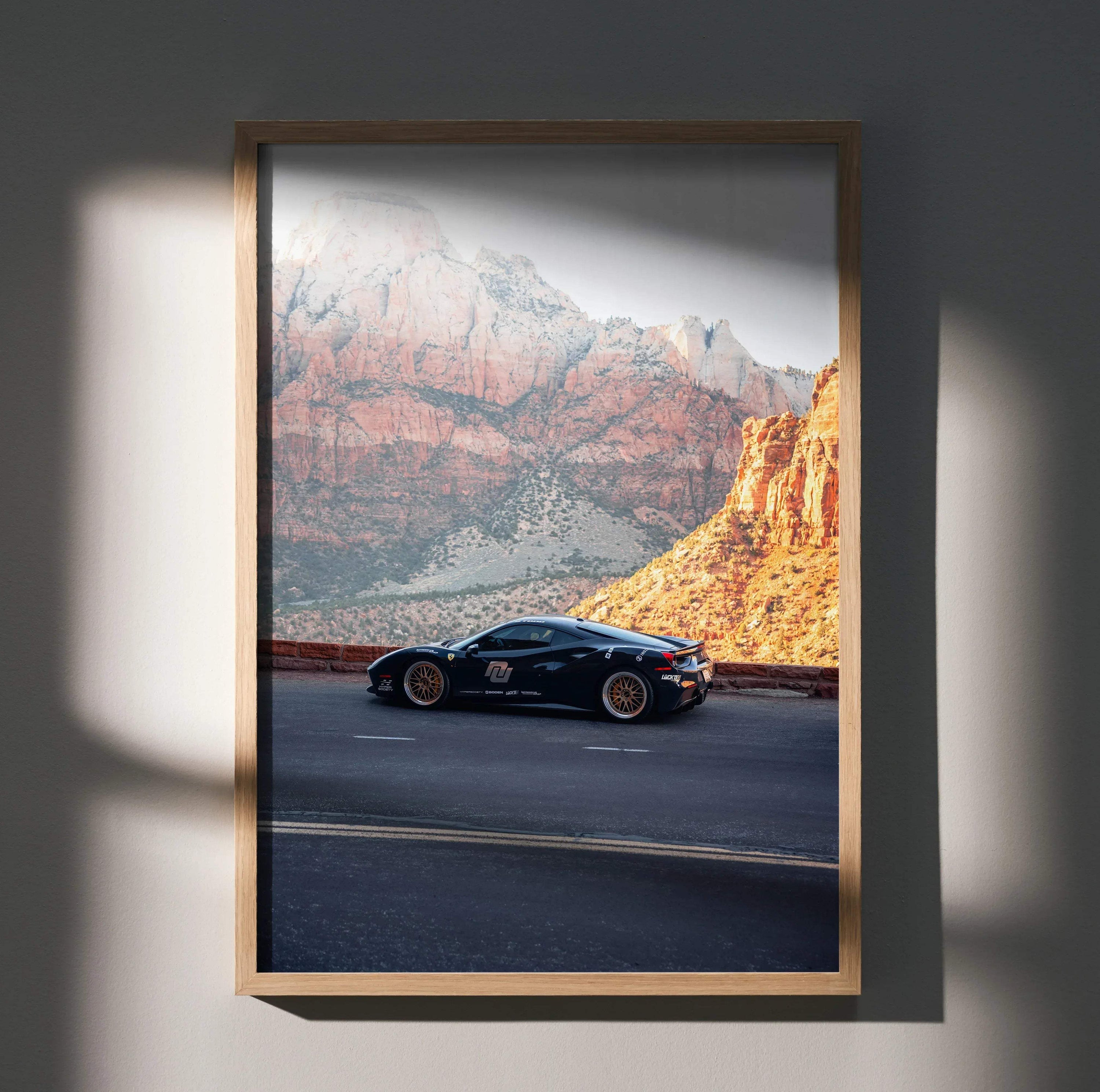 Ferrari 488 GTB supercar poster with scenic mountain background wall art in wooden frame.