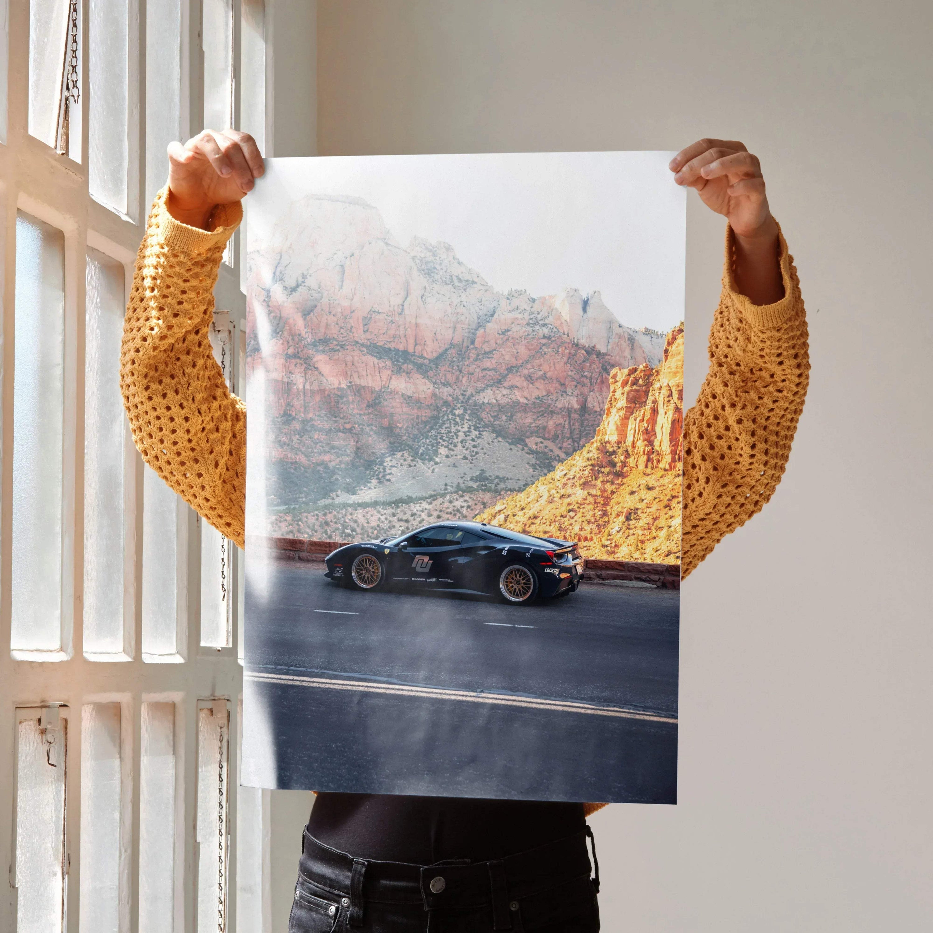 Ferrari 488 GTB supercar poster with scenic mountain background wall art.