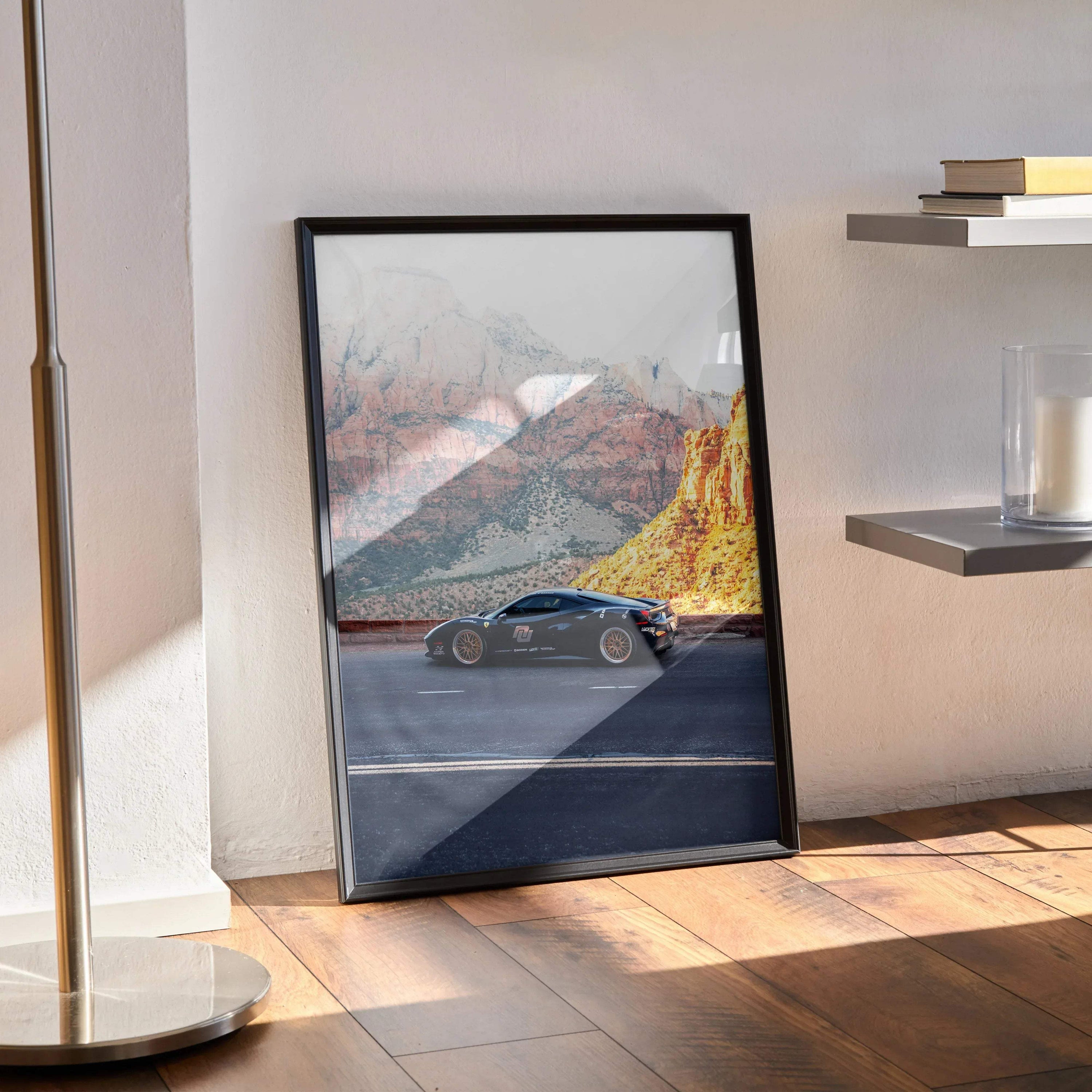 Ferrari 488 GTB supercar poster with desert mountain background in black frame wall art.