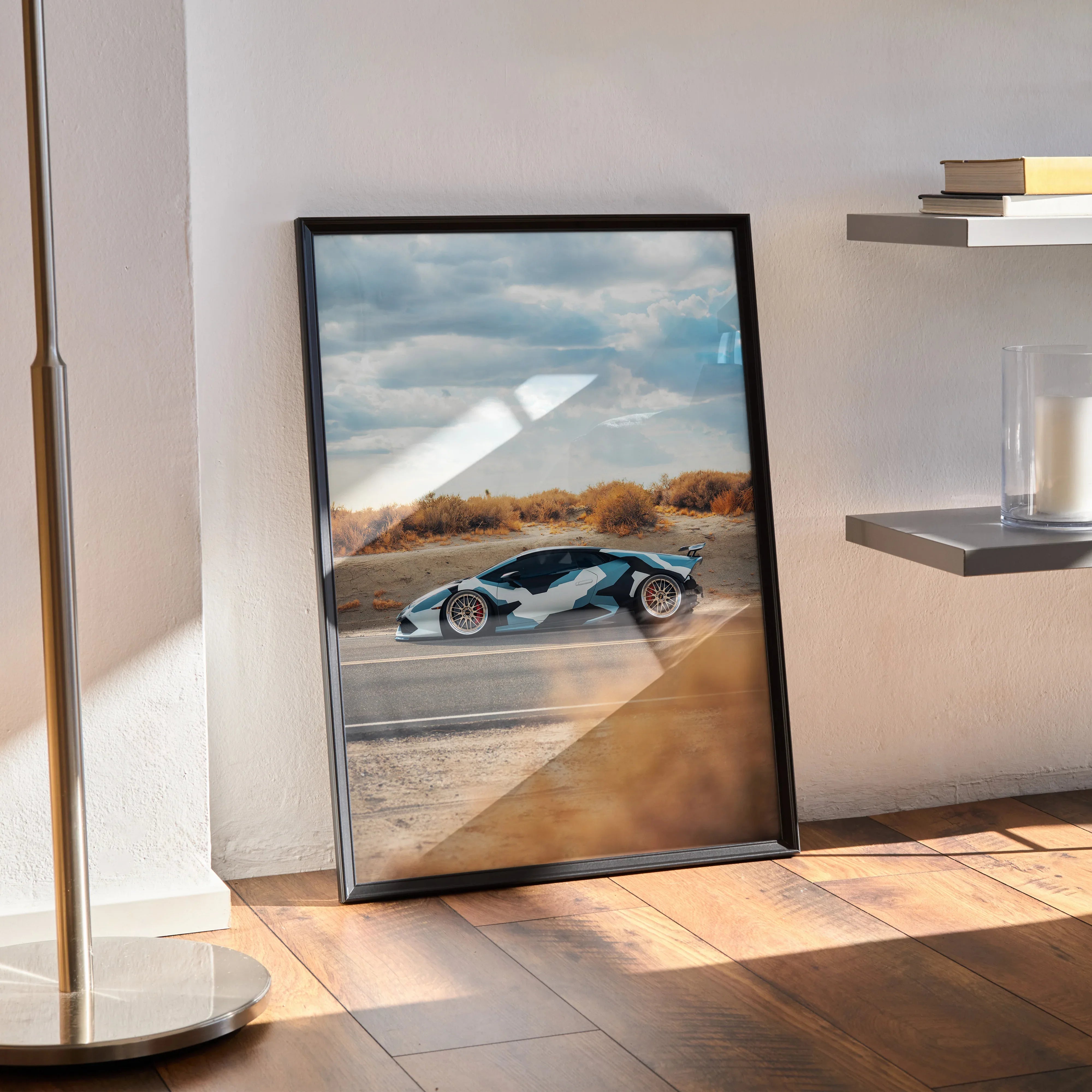 Lamborghini Huracan poster featuring high-resolution side view of black sports car with desert landscape, framed wall art.