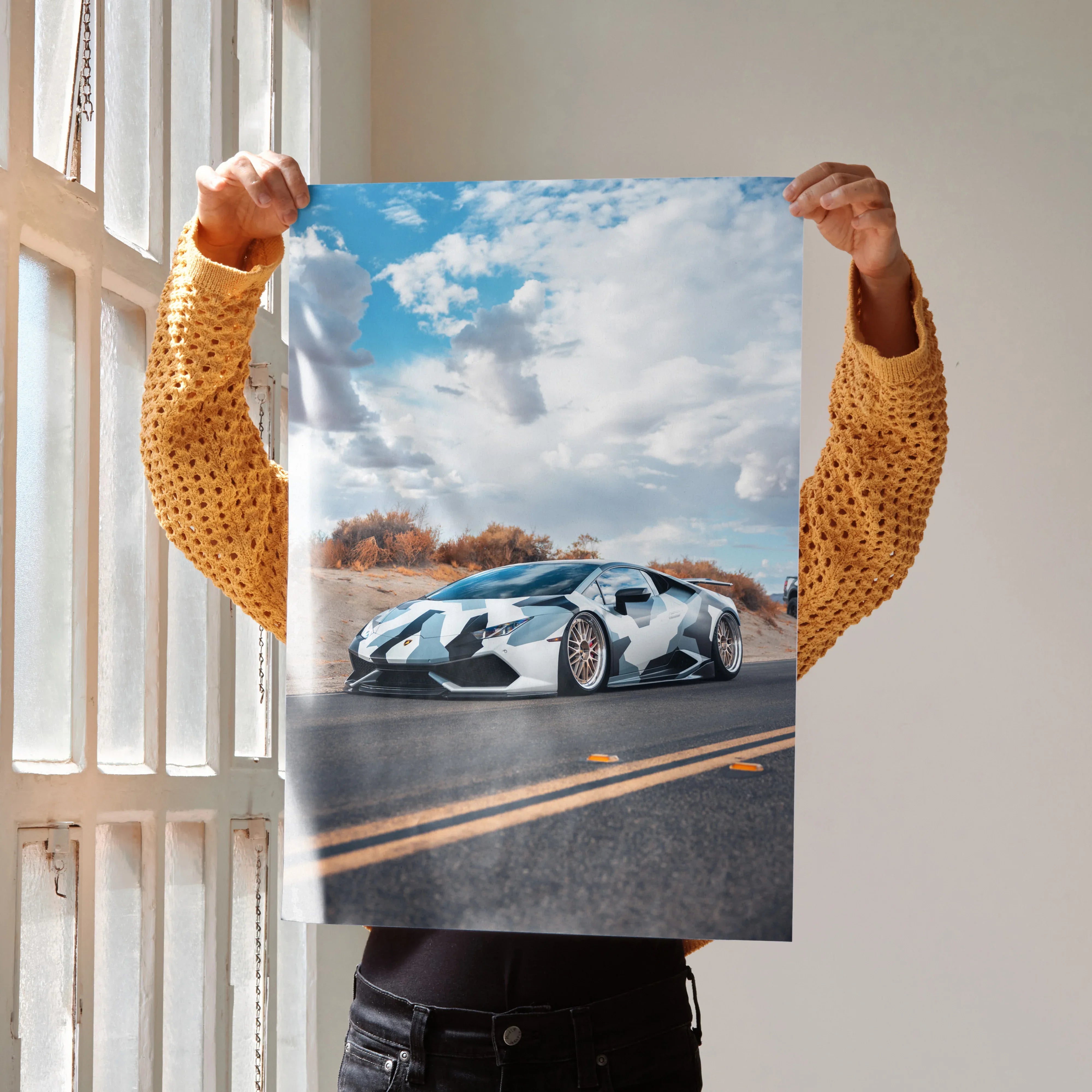 Lamborghini Huracan on road under blue sky Poster wall art with vibrant colors and dynamic angle.