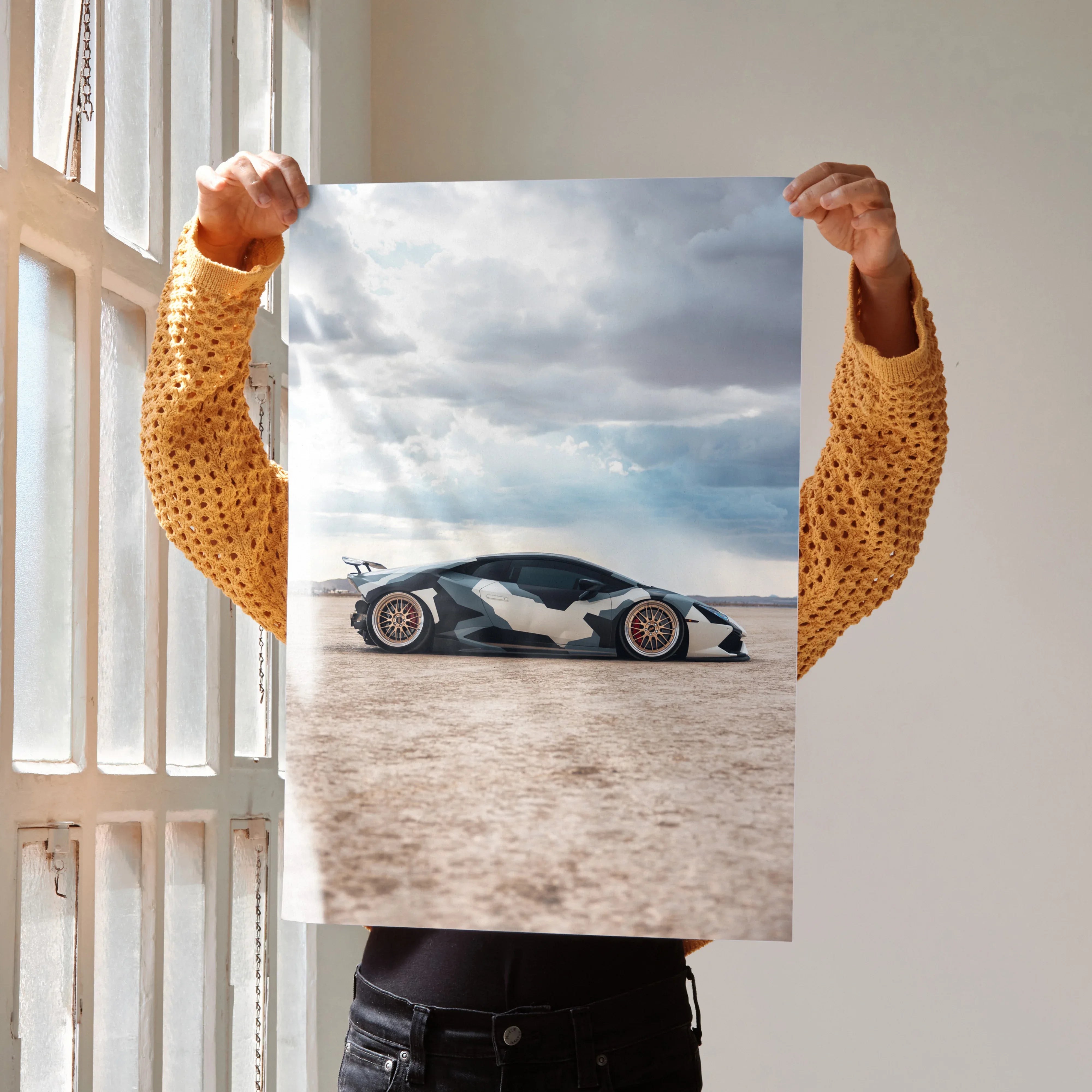 Lamborghini Huracan poster with black and white racing design, desert background wall art.