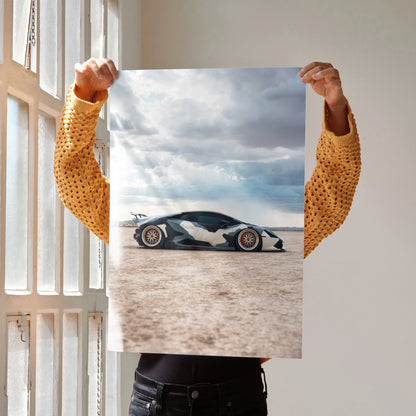 Lamborghini Huracan poster with black and white racing design, desert background wall art.