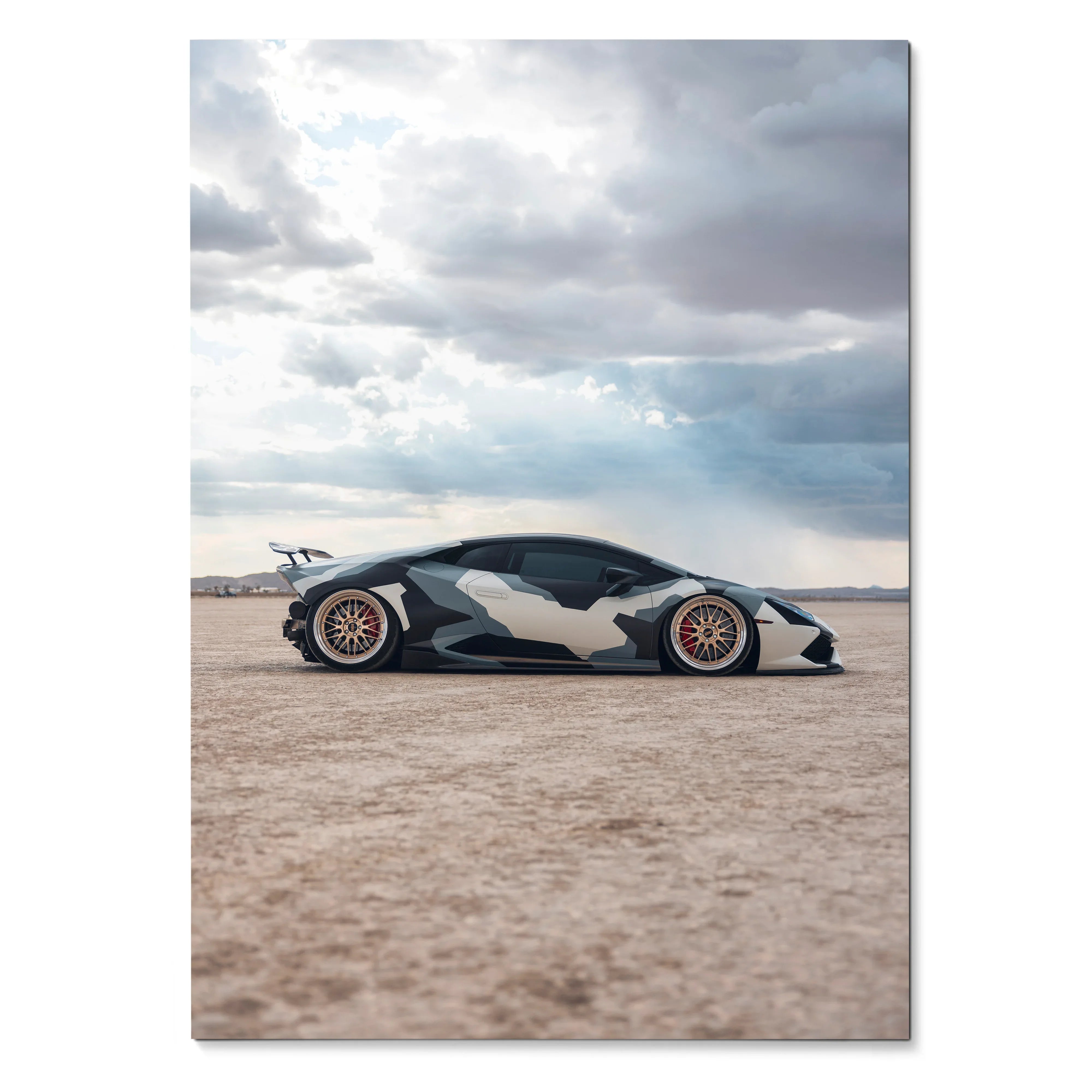 Lamborghini Huracan poster with black and white camouflage design on desert background, wall art.