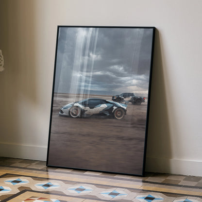 Lamborghini Huracan racing on desert road poster wall art with dramatic clouds.