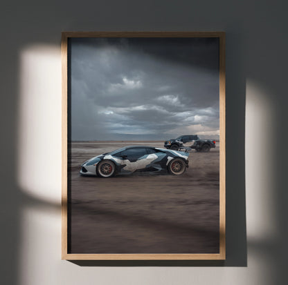 Lamborghini Huracan poster wall art with dynamic side view on desert road under cloudy sky.