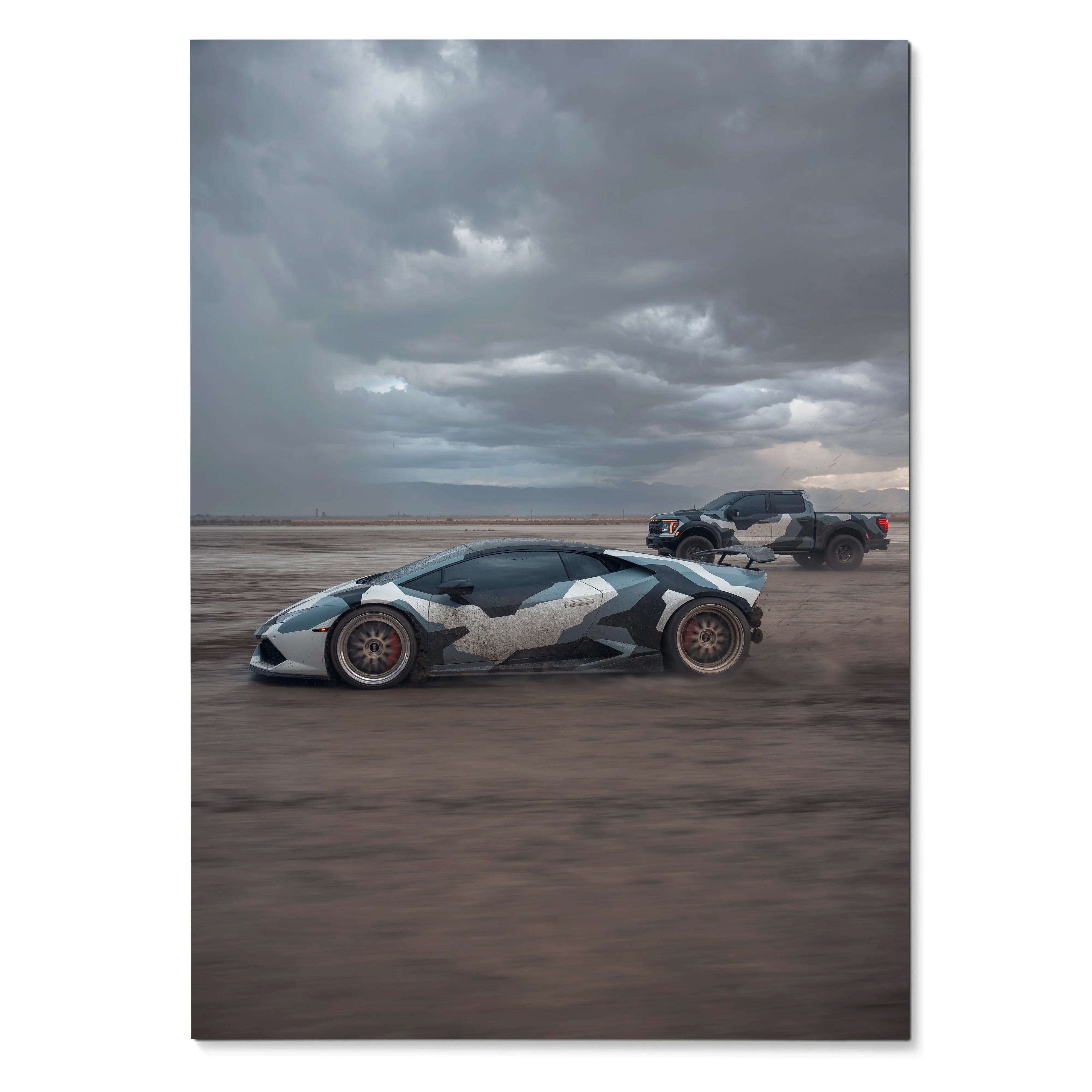 Lamborghini Huracan with camo wrap speeding on desert road poster wall art.