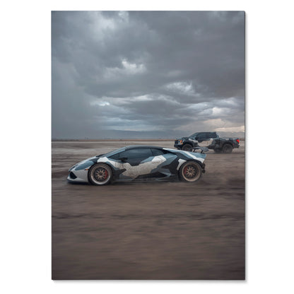 Lamborghini Huracan with camo wrap speeding on desert road poster wall art.