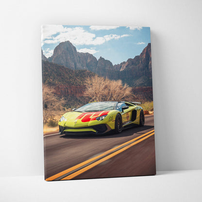 Vertical canvas art of yellow Lamborghini Aventador SVJ on mountain road wall art.