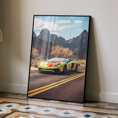 Lamborghini Aventador SVJ speeding on a desert road poster with mountain backdrop wall art.