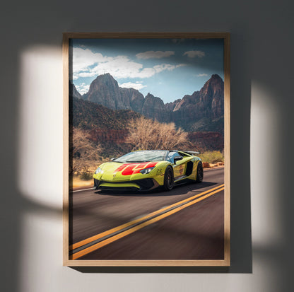 Lamborghini Aventador SVJ poster with yellow sports car on road and mountain backdrop wall art.