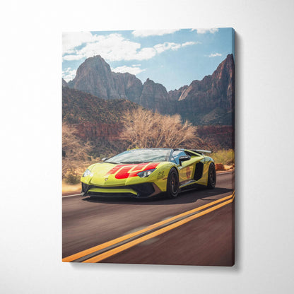 Lamborghini Aventador SVJ driving on desert road with mountains backdrop vertical canvas wall art.