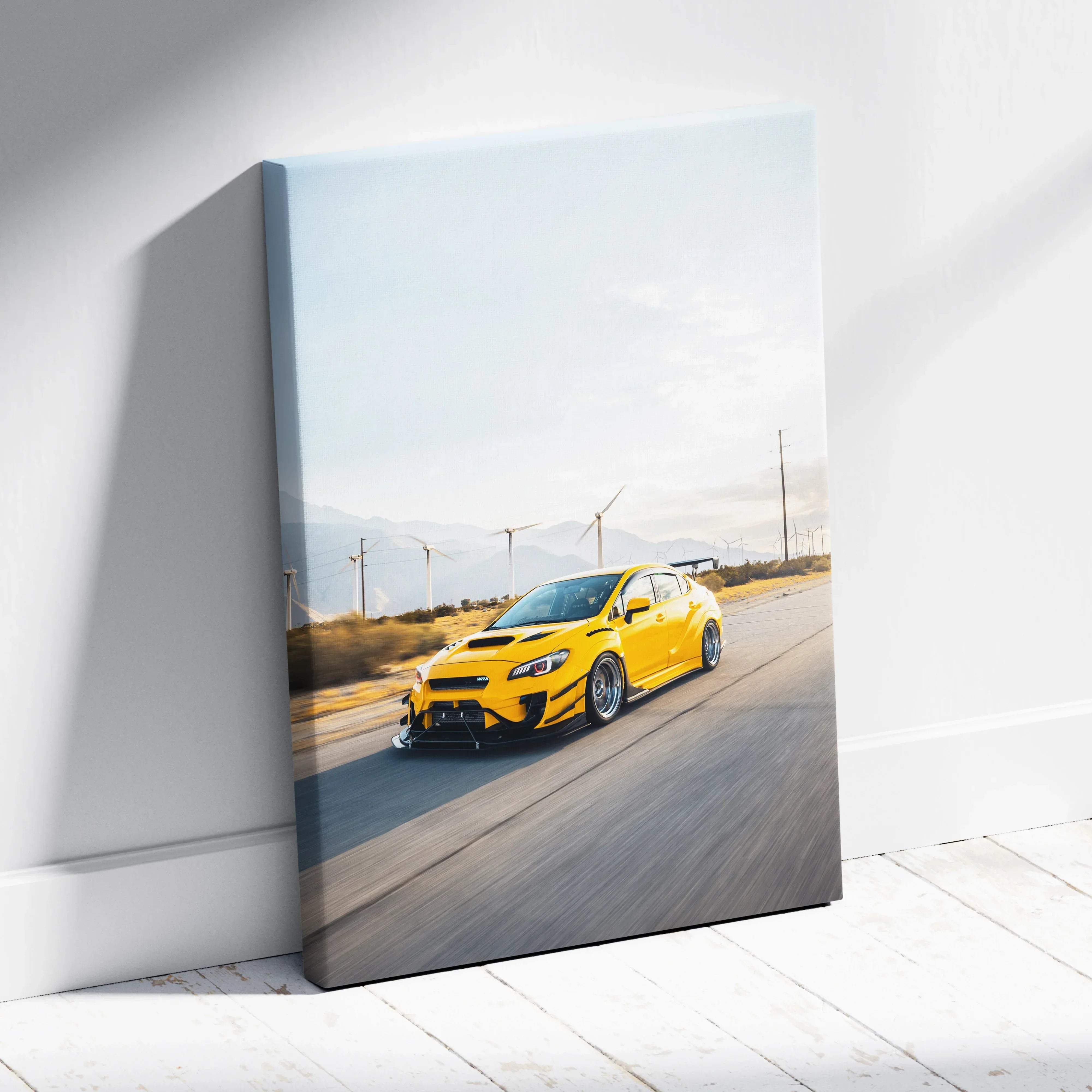 Canvas wall art featuring vibrant yellow subaru wrx sti sports car automotive photography with energetic mood