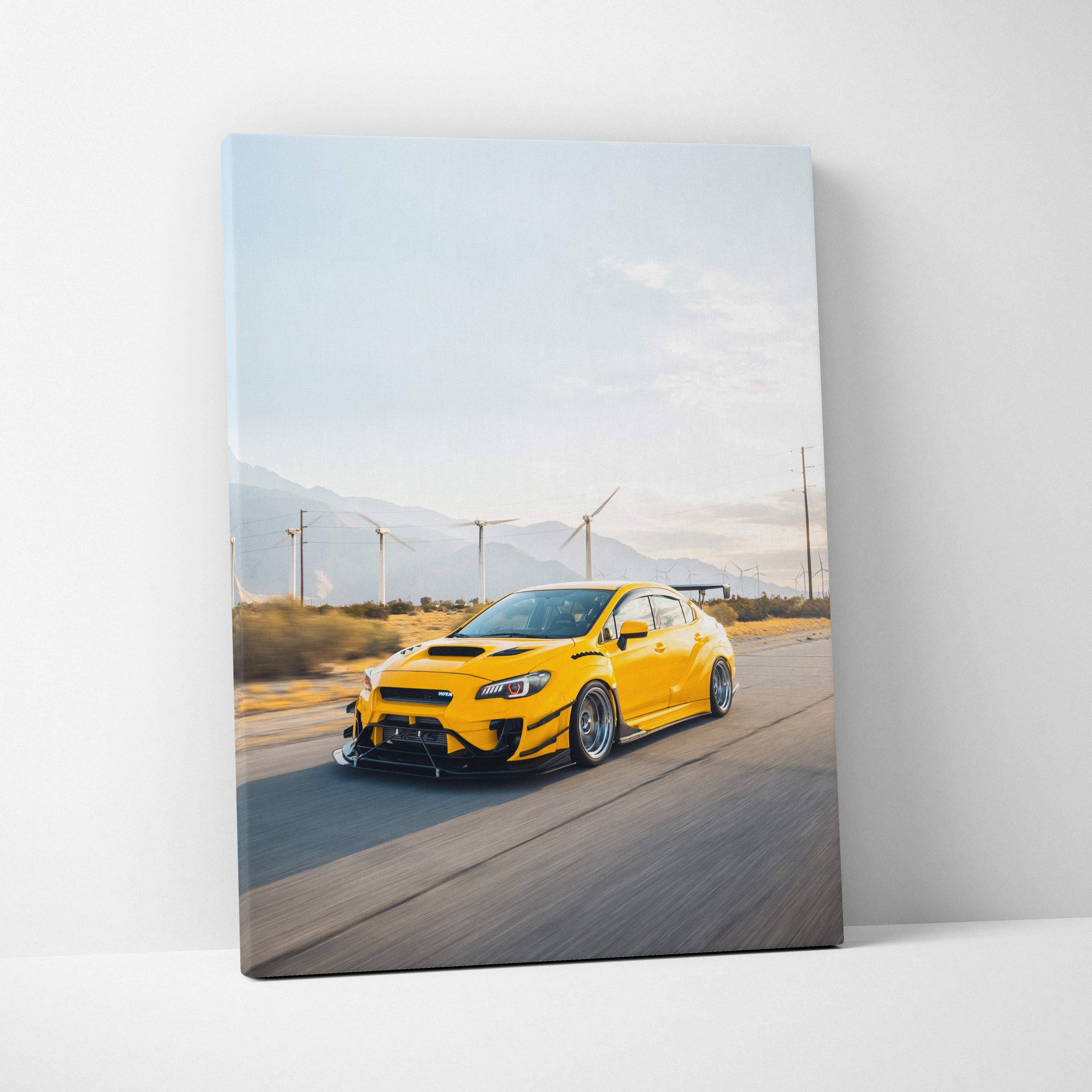 Yellow Subaru WRX STI car driving on road with mountains background vertical canvas wall art.