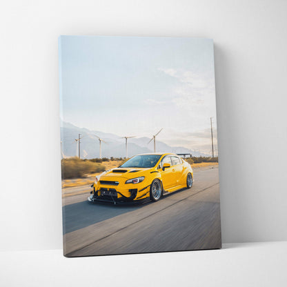 Yellow Subaru WRX STI car driving on road with mountains background vertical canvas wall art.