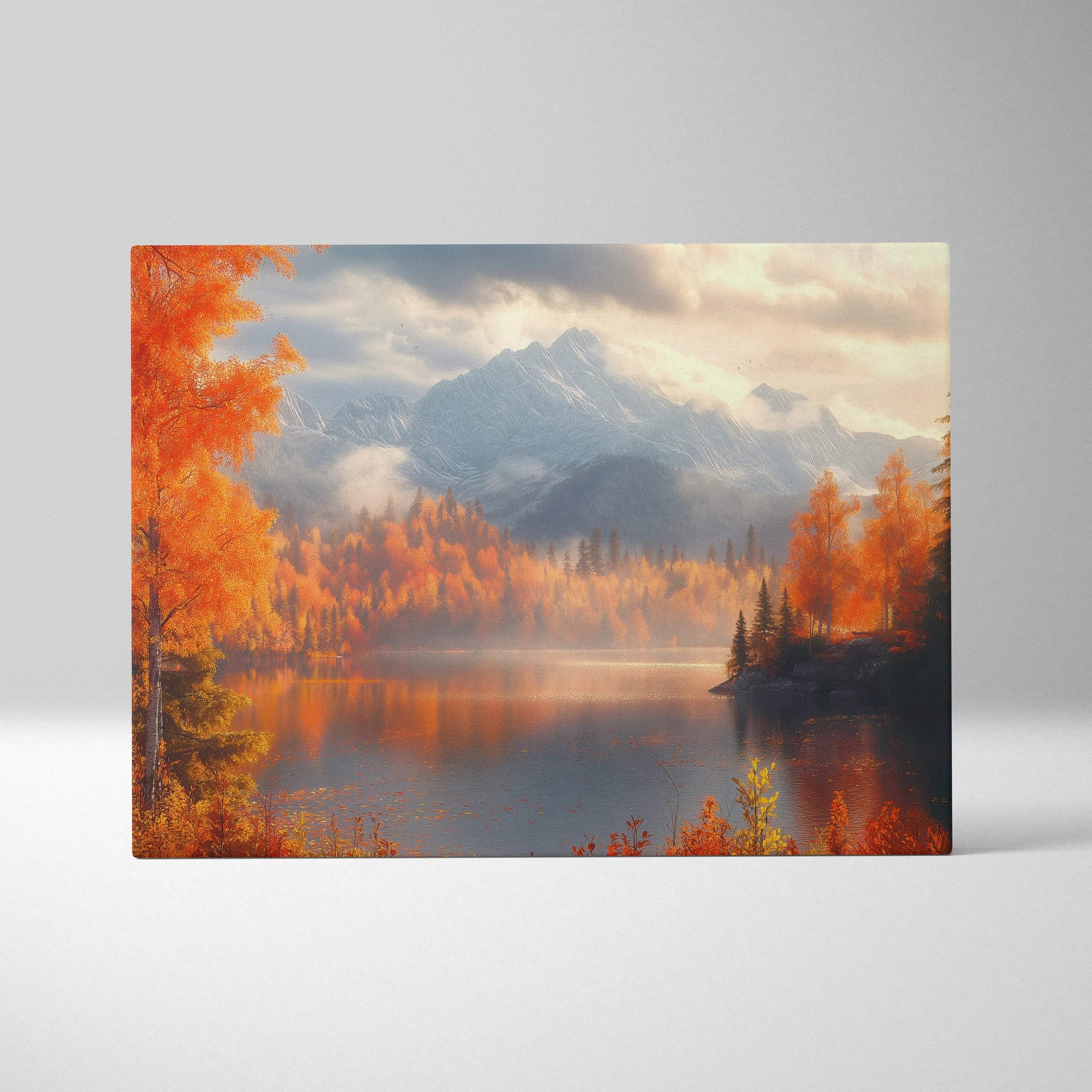 Vibrant autumn mountains canvas art with golden fall foliage and reflective lake wall art.