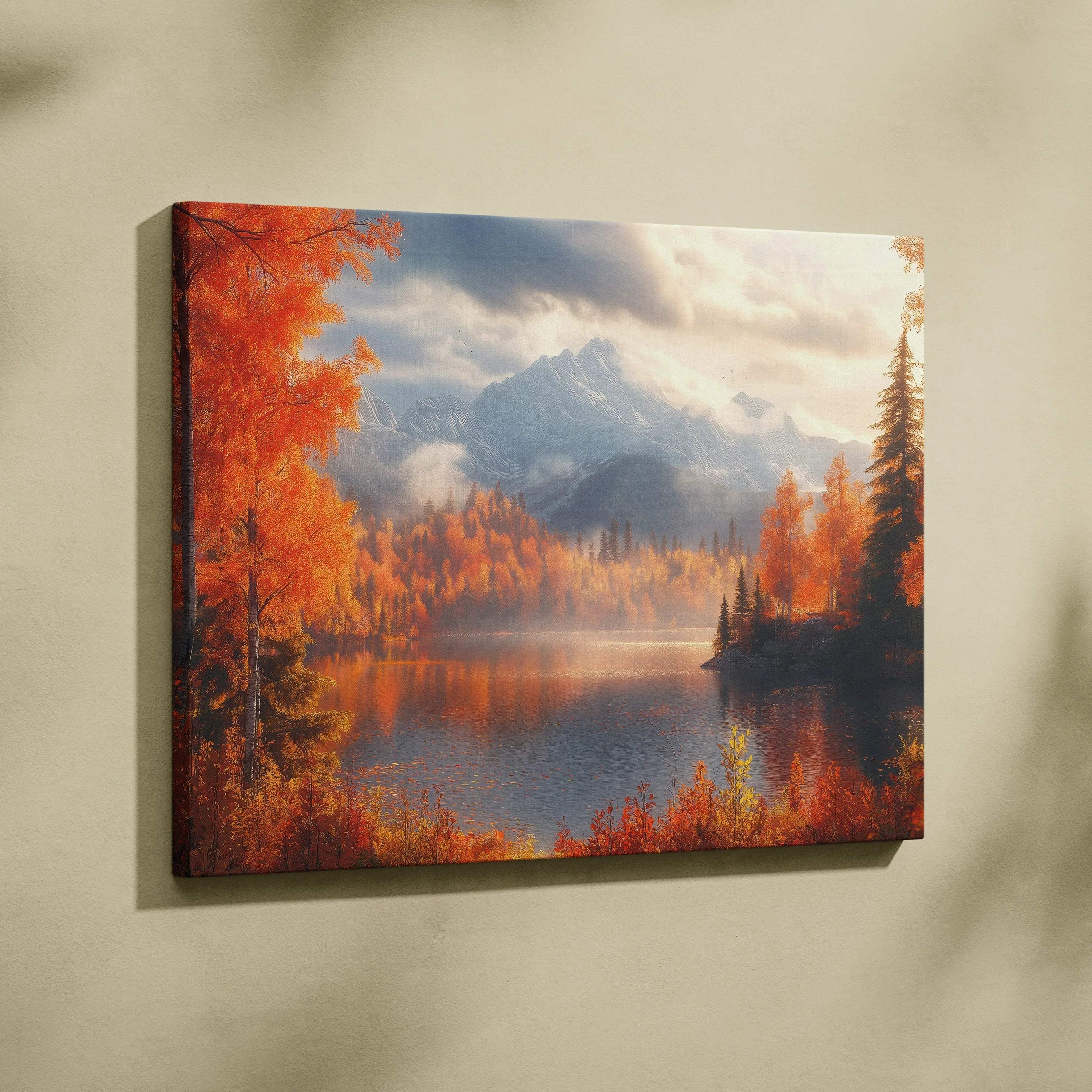 Autumn mountain landscape canvas art with golden fall foliage reflecting on lake wall art.