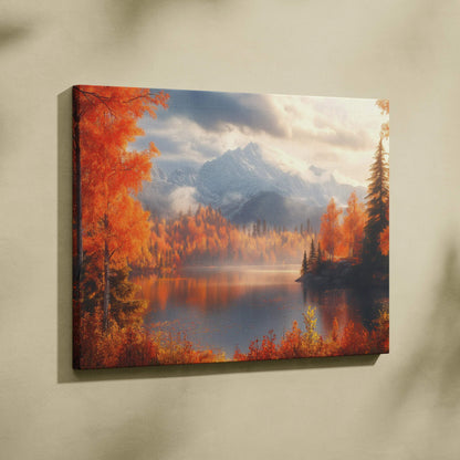 Autumn mountain landscape canvas art with golden fall foliage reflecting on lake wall art.