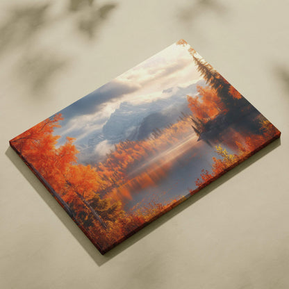 Canvas art featuring vibrant autumn mountains with golden fall foliage reflected in a serene lake wall art.