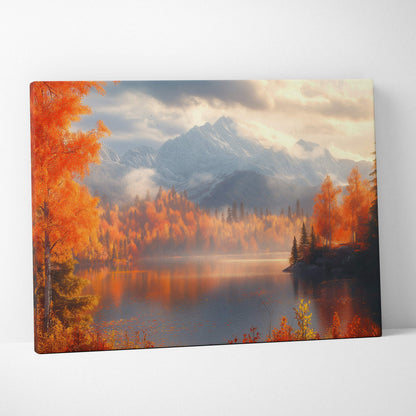 Autumn mountains digital art canvas with golden fall foliage and reflective lake wall art.
