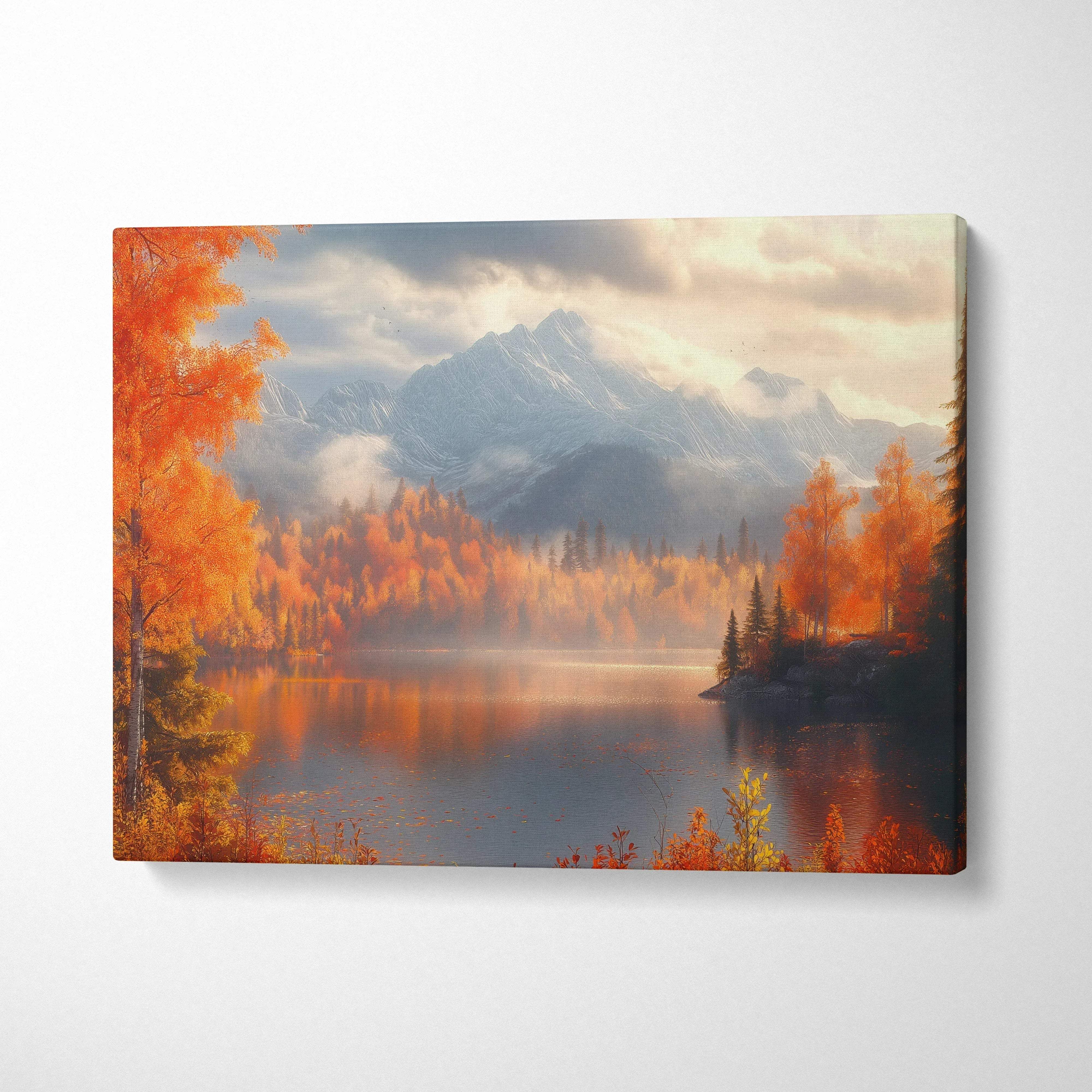 Autumn mountains landscape with golden foliage over calm lake on vibrant canvas wall art.