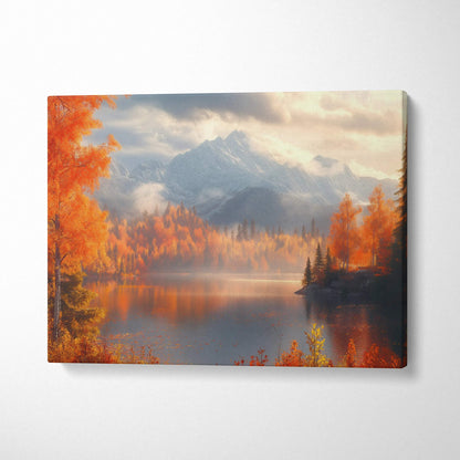 Autumn mountains landscape with golden foliage over calm lake on vibrant canvas wall art.