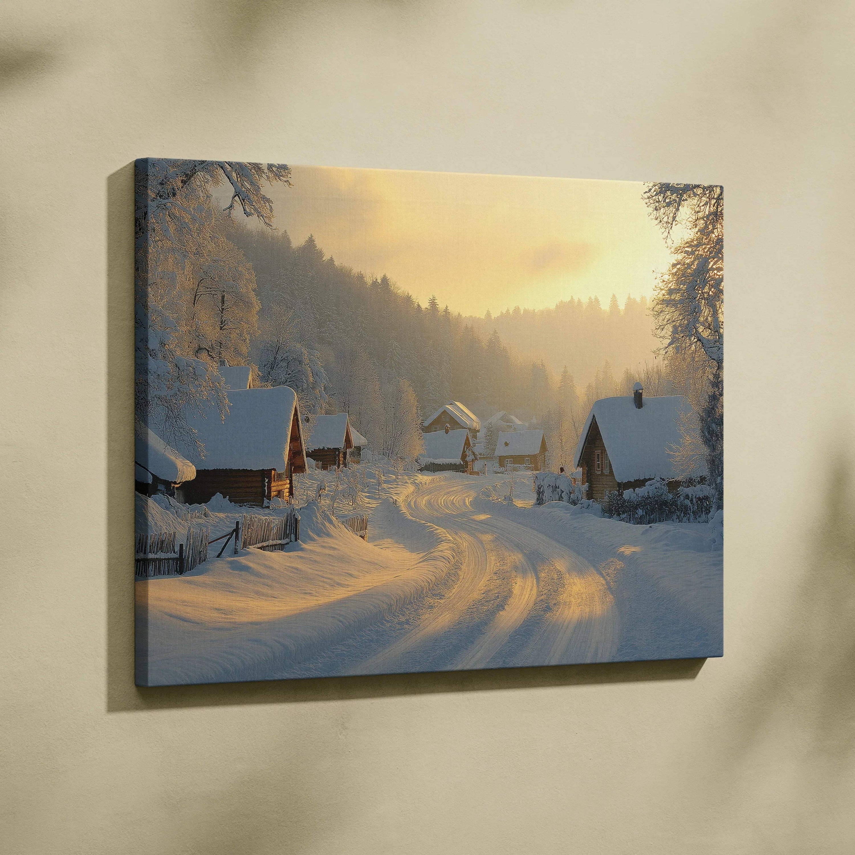 Snowy winter village digital canvas wall art with warm sunset and rustic cottages.