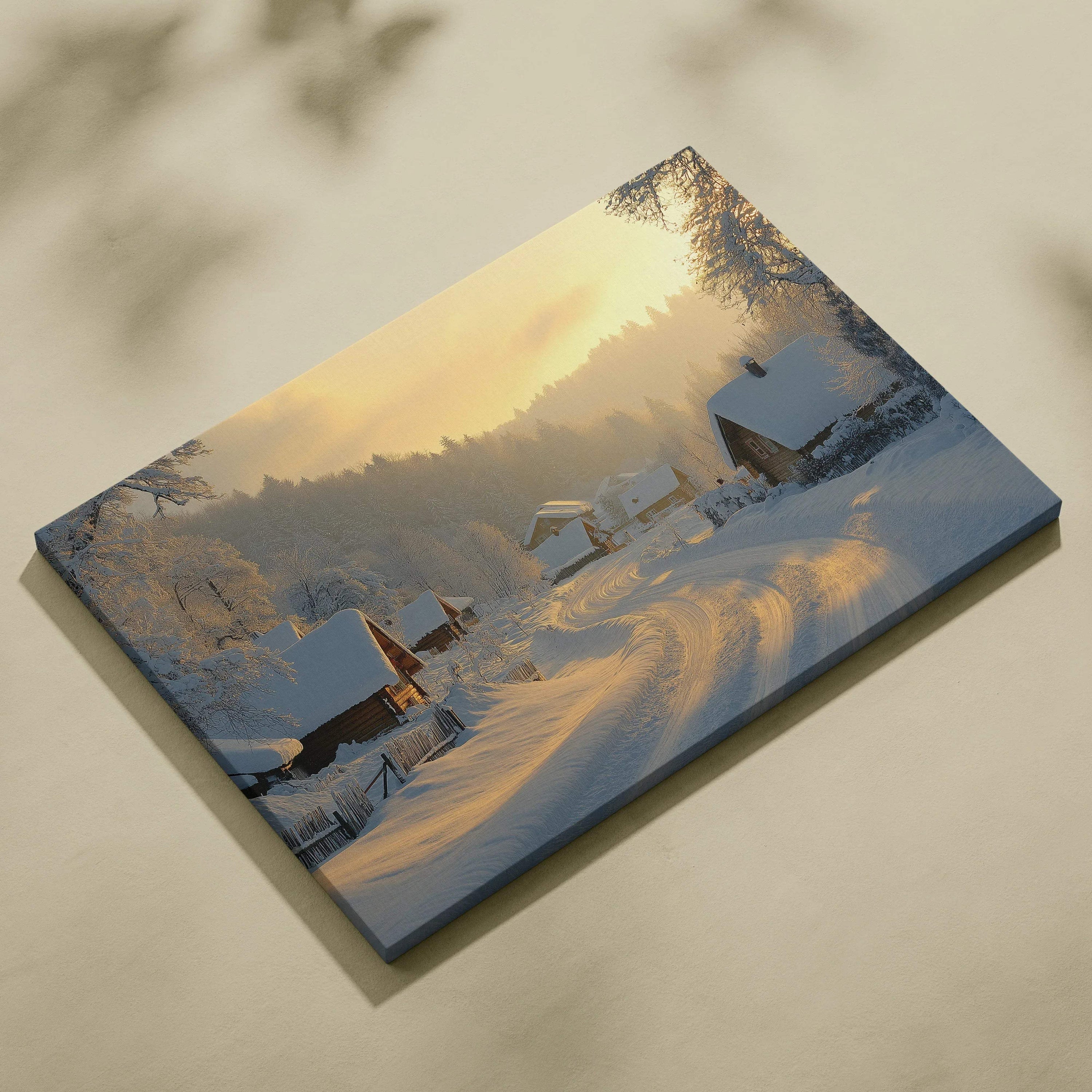 Snowy winter village scene on canvas wall art with soft golden light and rustic decor tone.
