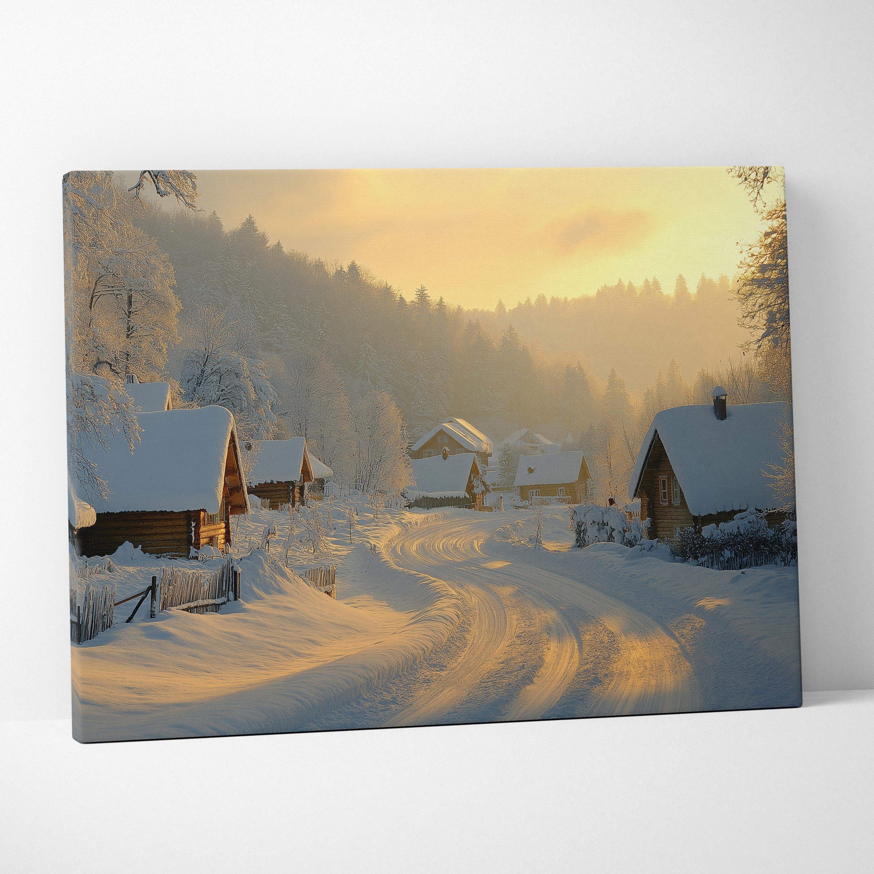 Canvas wall art depicting a snowy village scene with cabins and a winding snow-covered road at golden hour.
