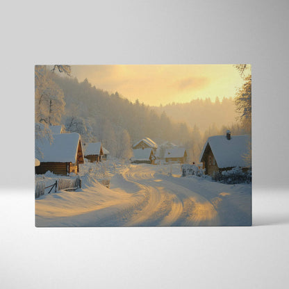 Canvas wall art featuring a snowy village scene with wooden houses and golden light at sunset.