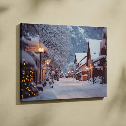 Winter snowy mountain town canvas wall art with lit street lamps and snow-covered roofs.