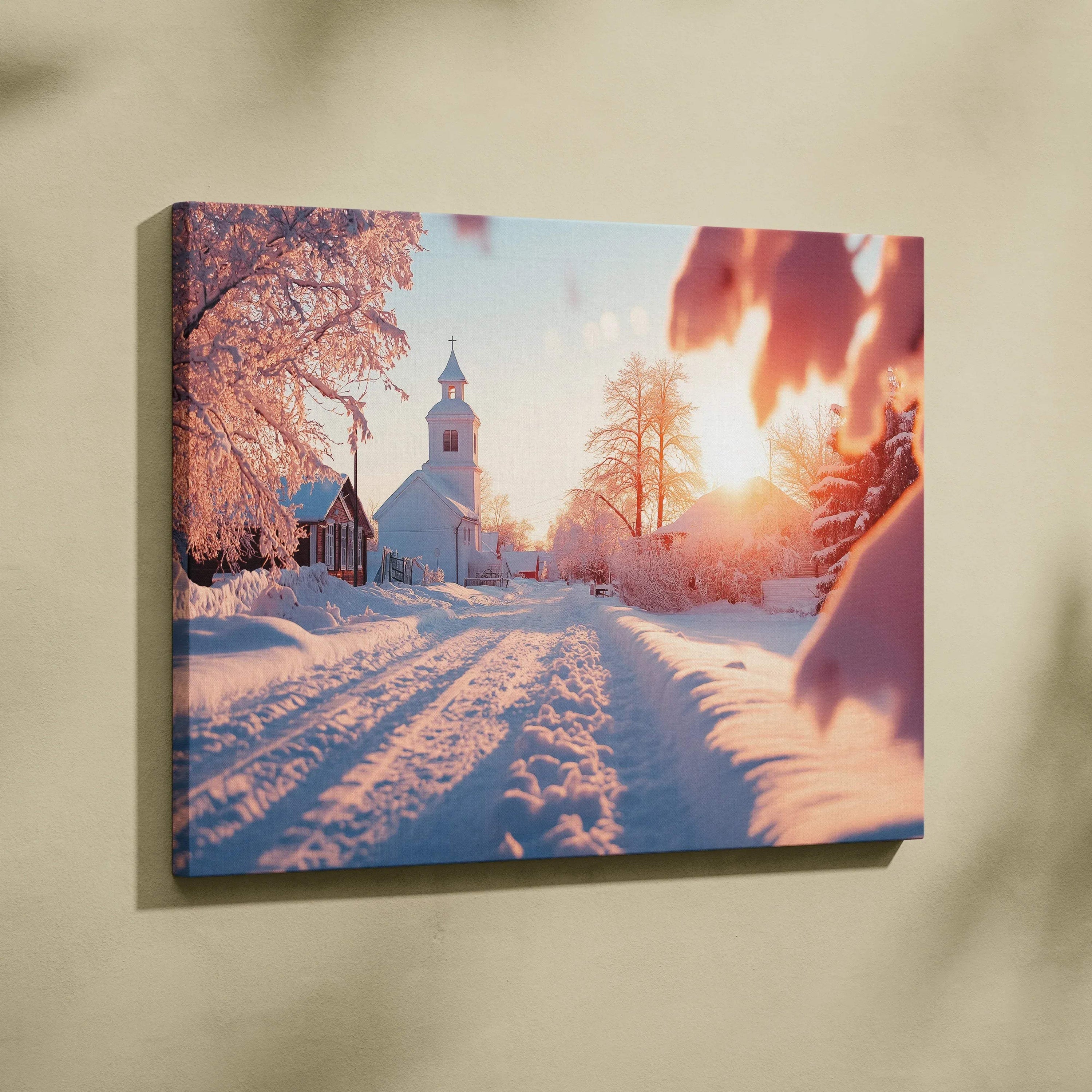 Canvas wall art featuring a snowy church at sunset with warm orange and pink tones highlighting winter nature decor.