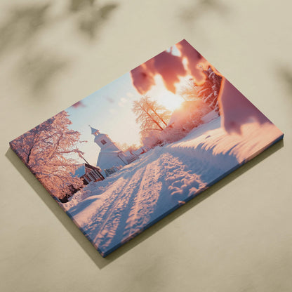 Winter snowy church landscape canvas wall art with warm sunset colors and soft shadows.