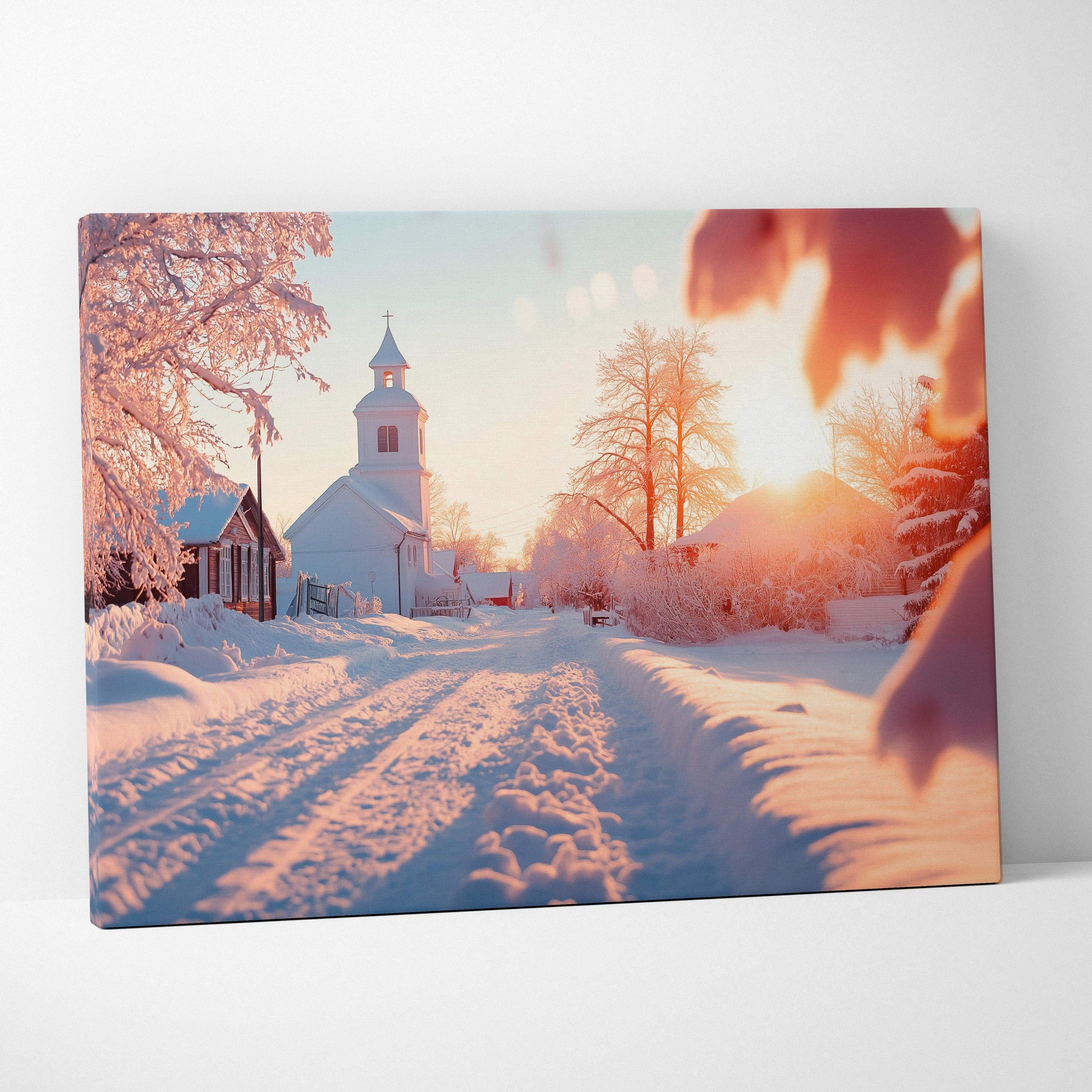 Canvas wall art featuring a snowy winter sunset scene with a quaint white church and frosted trees in soft warm light.
