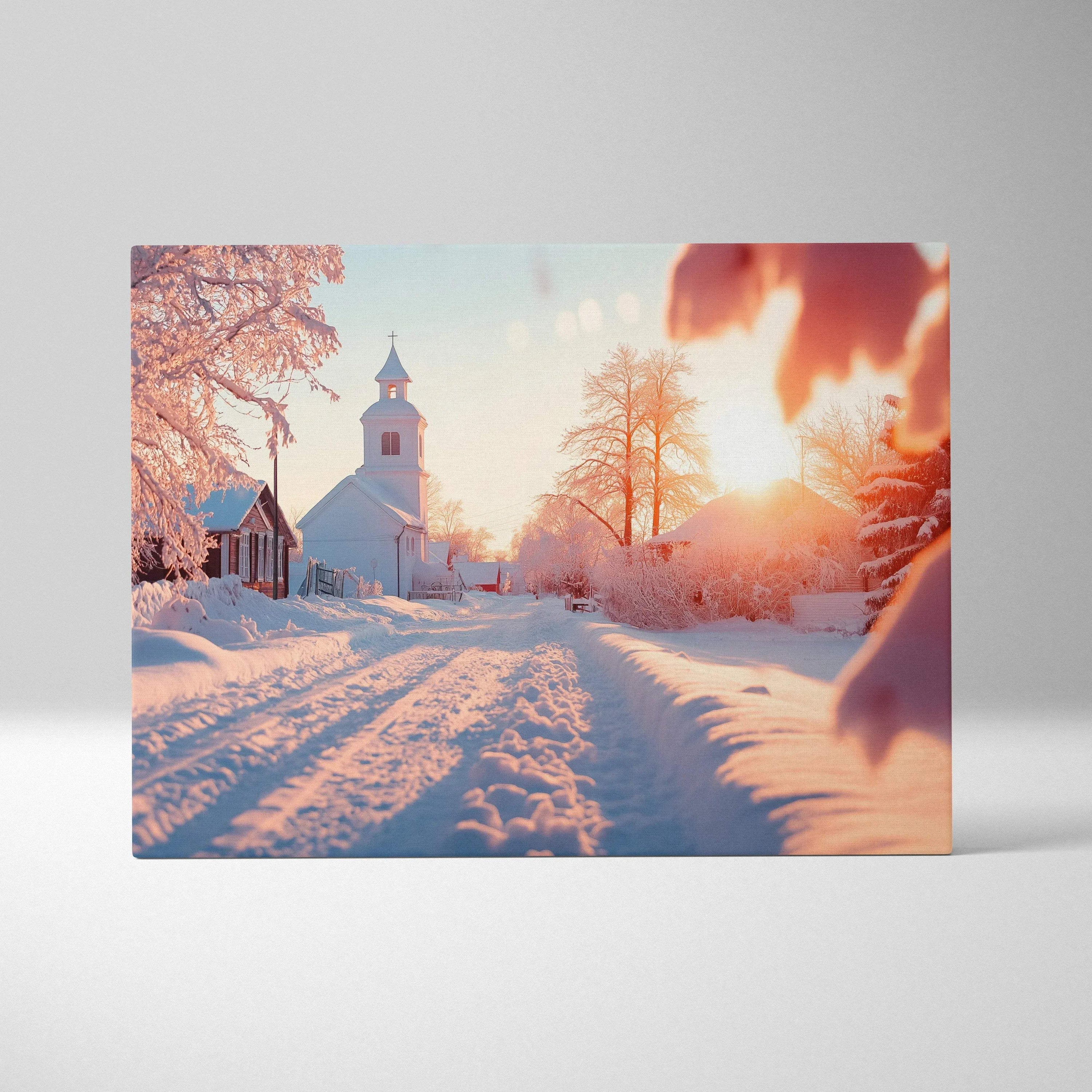 Winter snowy landscape digital canvas wall art featuring a white church at sunset with soft pink and orange hues.