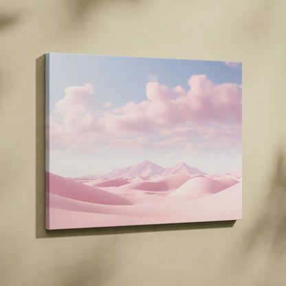 Minimalist pink desert dunes with soft pink clouds canvas wall art decor in horizontal layout.