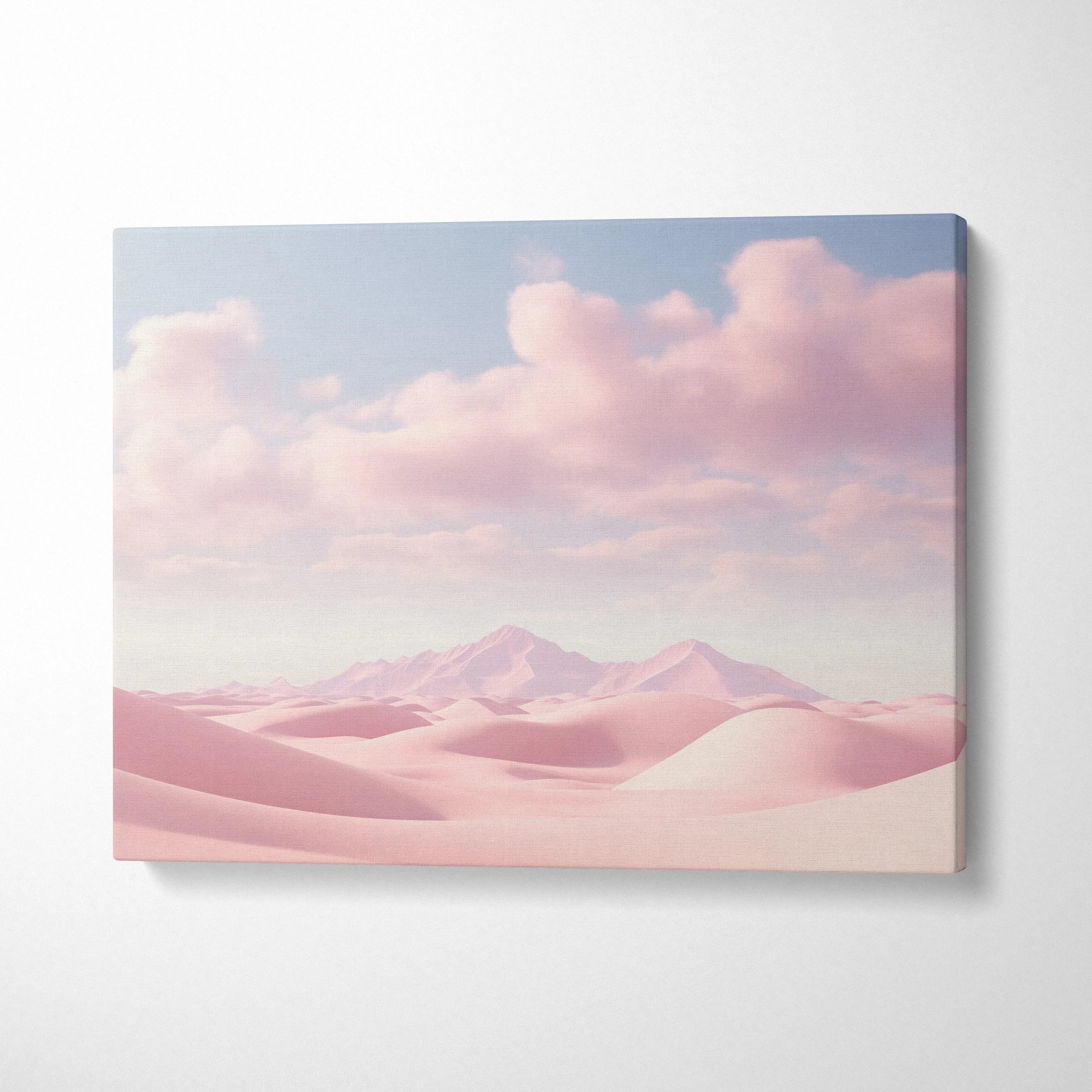 Minimalist pink desert dunes with soft pink clouds canvas wall art decor in horizontal layout.