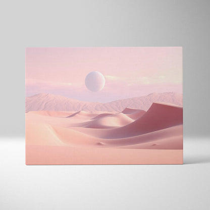 Minimalist pink desert dunes canvas wall art with soft pastel sky and floating orb decor.