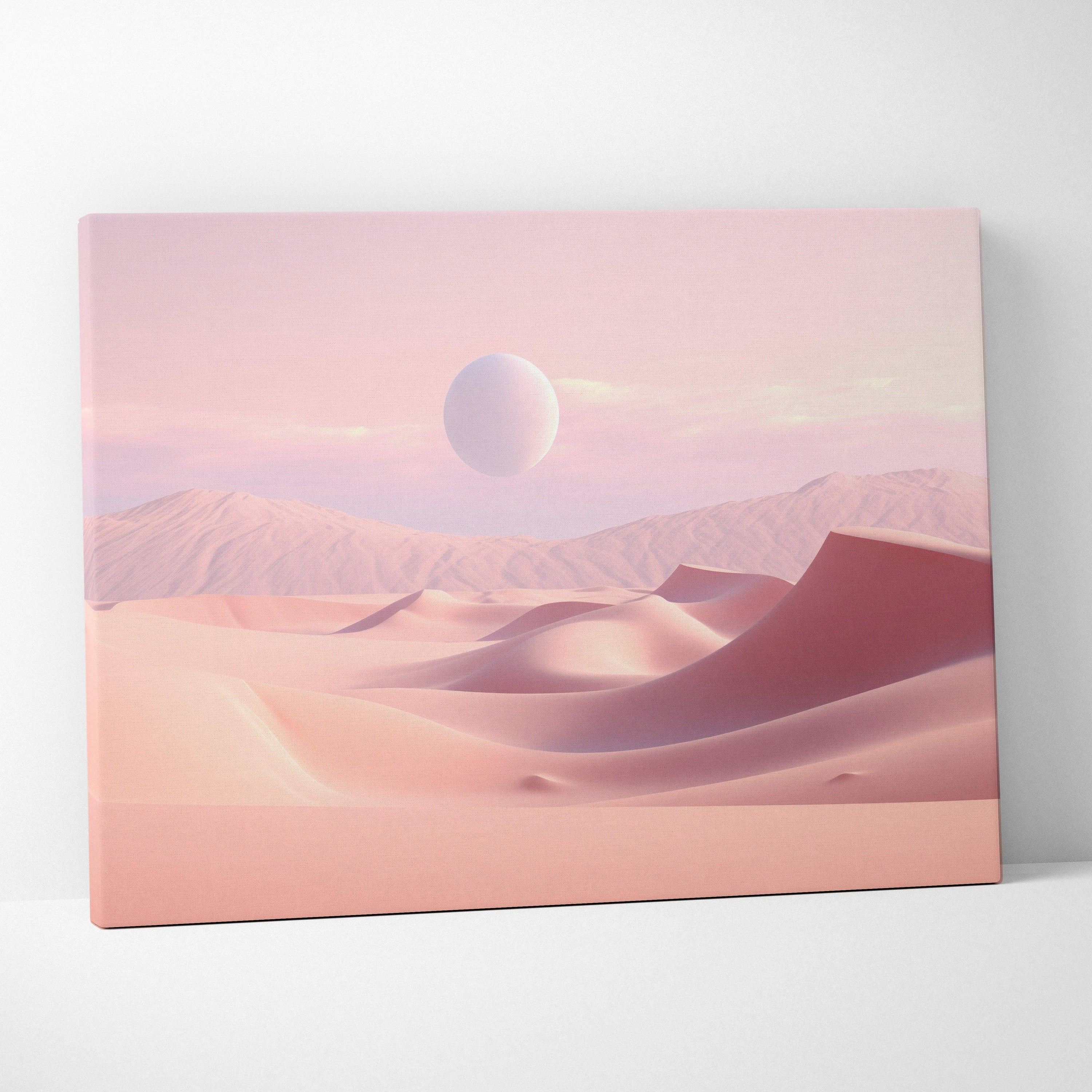 Minimalist pink desert dunes canvas wall art with soft shadows and a floating orb in pastel tones.