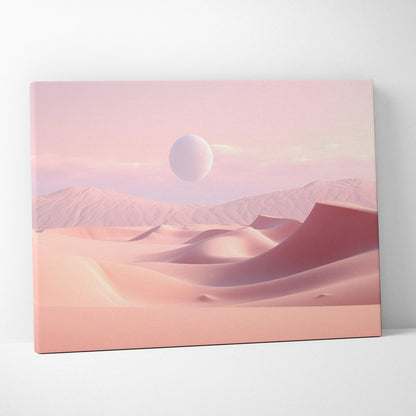 Minimalist pink desert dunes canvas wall art with soft shadows and a floating orb in pastel tones.