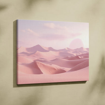 Minimalist digital art canvas wall art featuring soft pink desert dunes and a hazy sun, perfect decor.