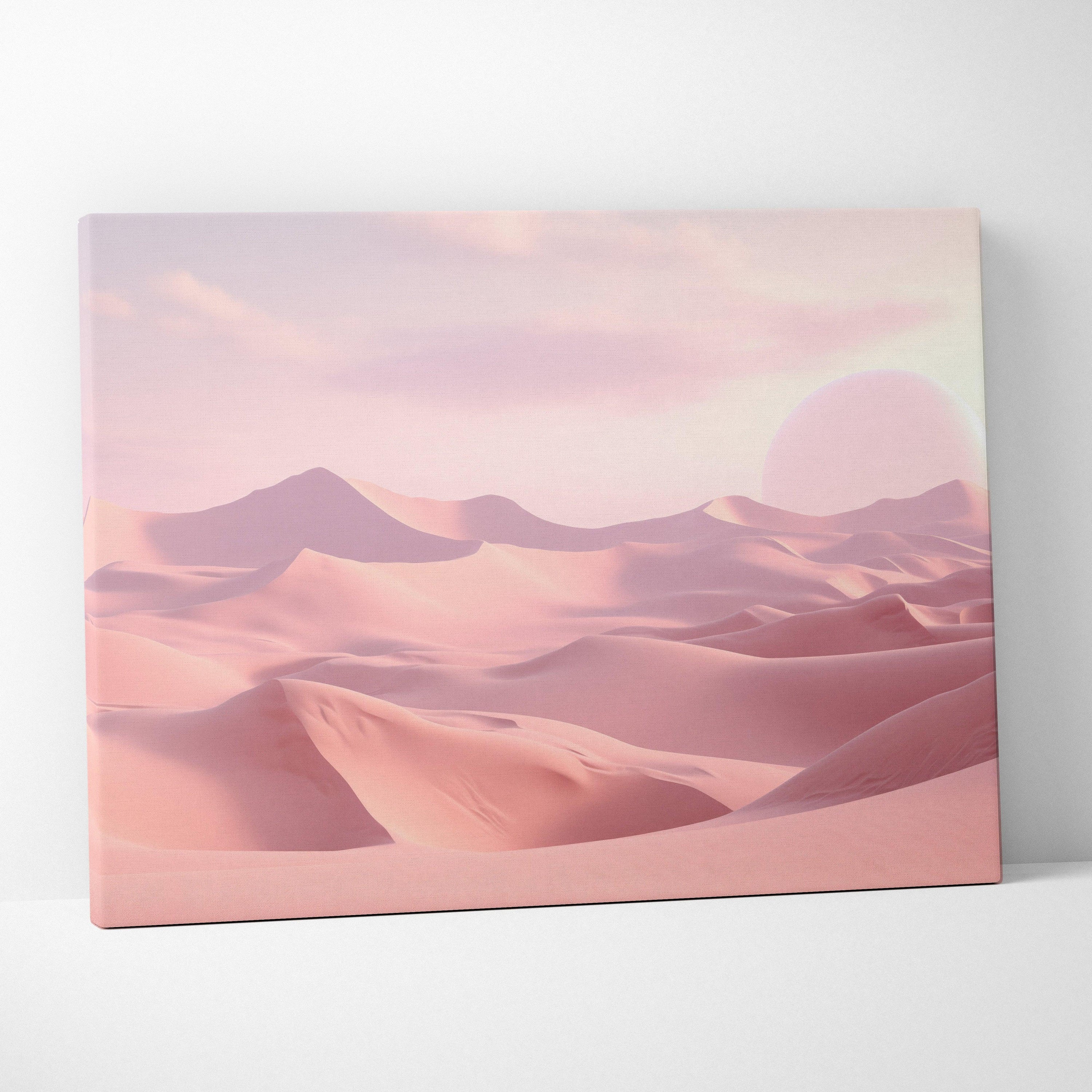 Minimalist digital art canvas print of pink desert dunes with soft pastel sky wall art decor.