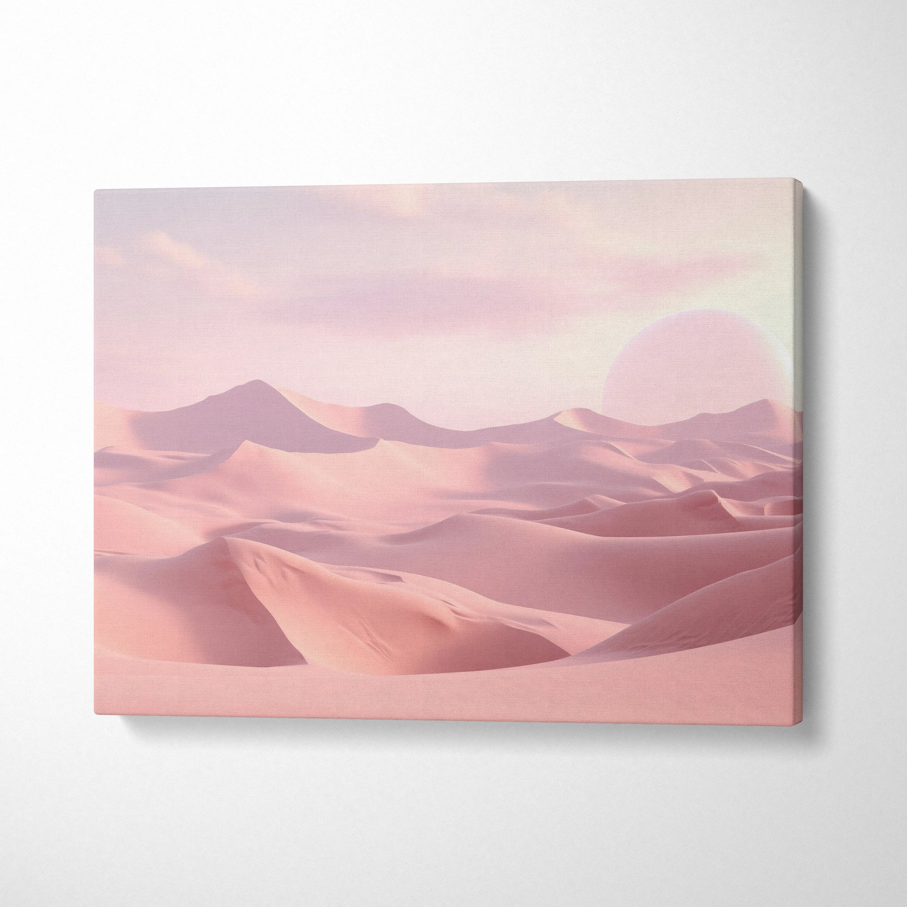 Minimalist pink desert dunes digital art canvas with soft pastel sky, modern wall art decor.