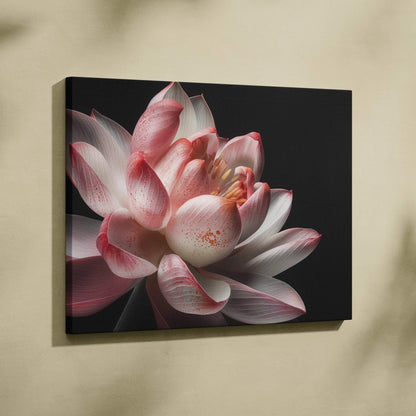 Pink and white cherry blossom flower on black canvas wall art print for home decor.