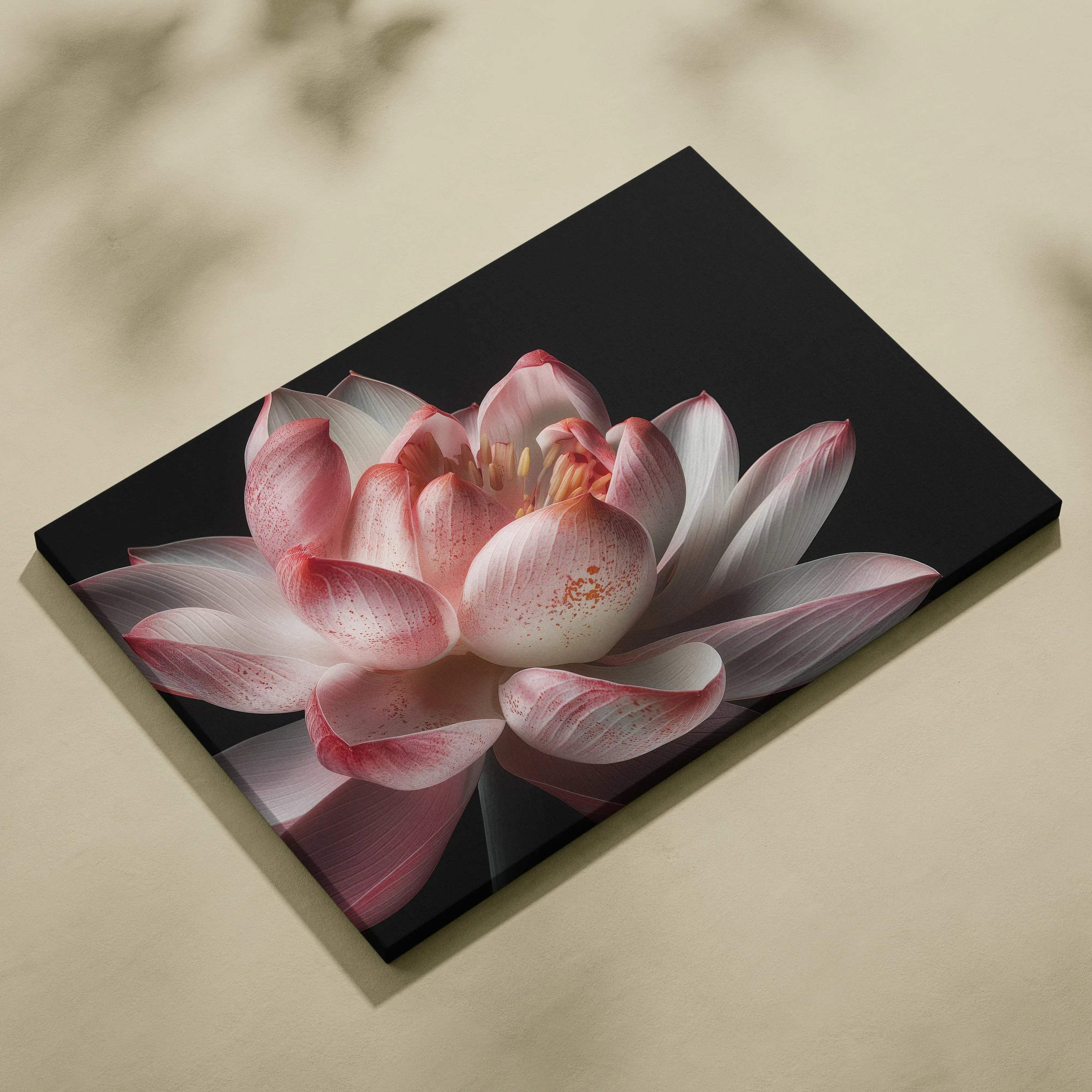 Canvas wall art featuring a detailed pink and white cherry blossom flower on a black background.