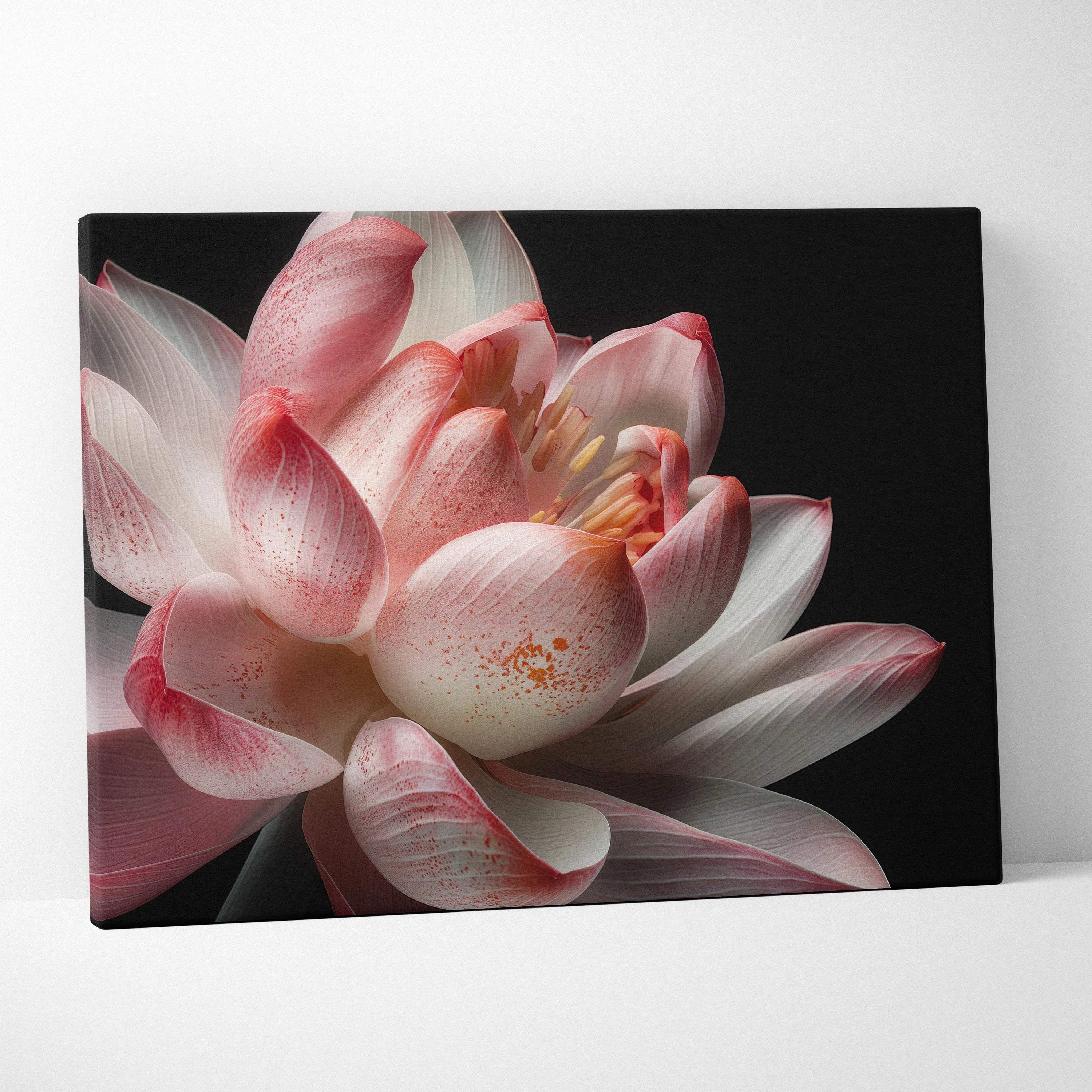 Pink and white cherry blossom close-up on rectangular canvas wall art with black background.
