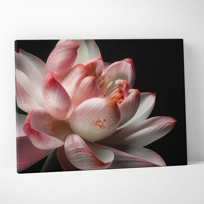 Pink and white cherry blossom close-up on rectangular canvas wall art with black background.