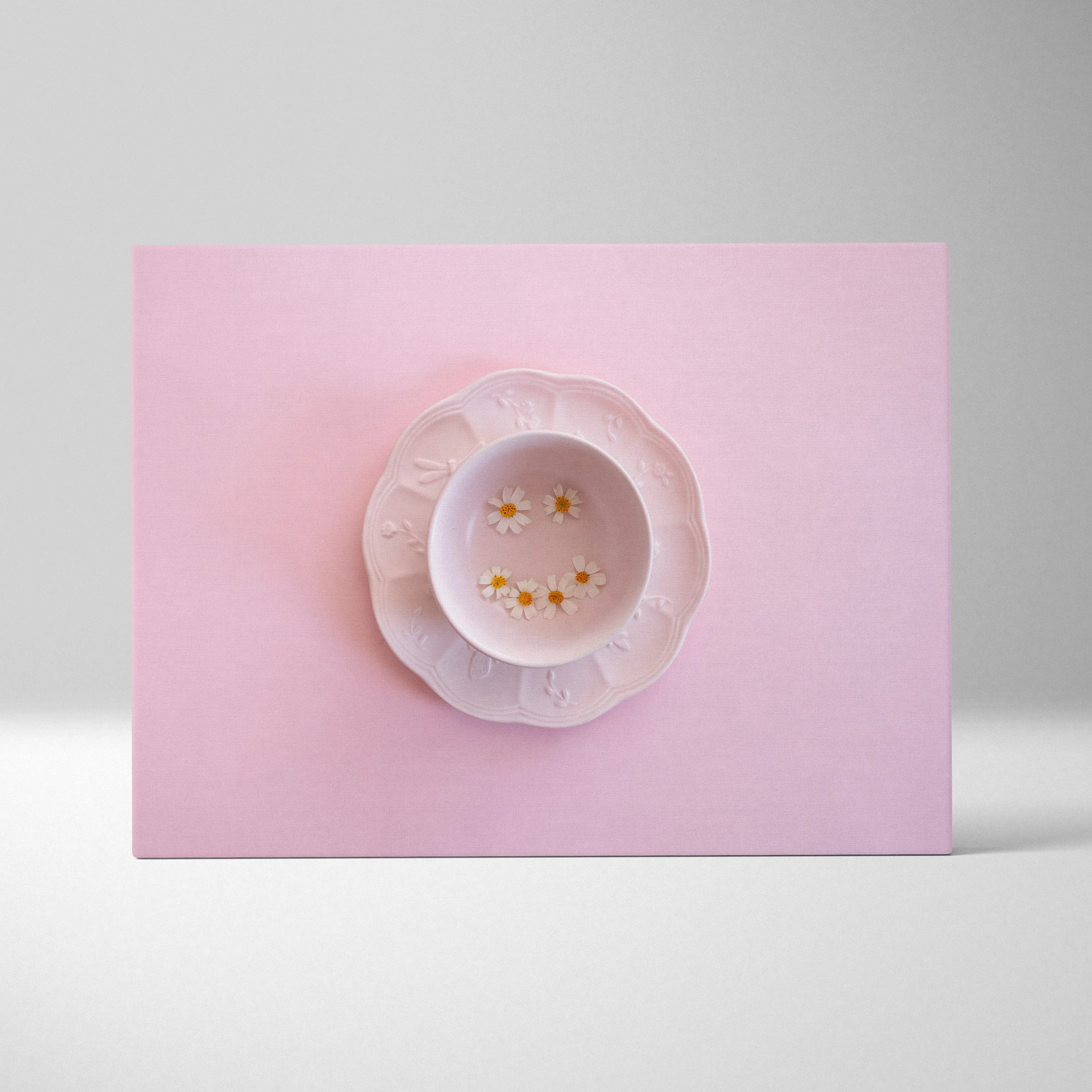 Minimalist pink plate with flowers on pink background digital canvas wall art decor.
