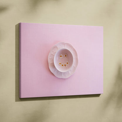 Minimalist pink canvas wall art featuring a pink plate with delicate flowers, home decor piece.